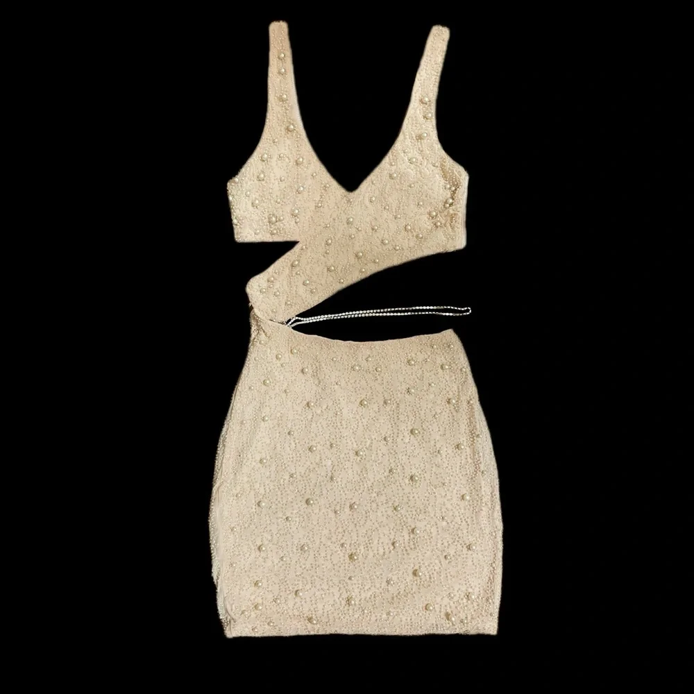 Oh Polly “Epernay” Embellished Cut Out Mini Dress in Sand - Picture 4 of 7